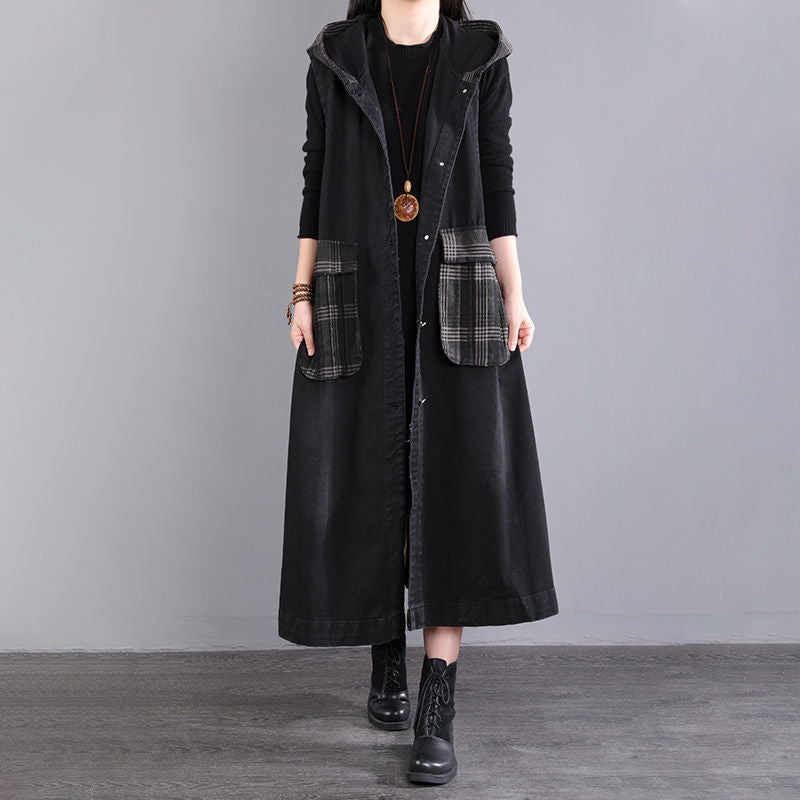 Black Loose Oversized Hooded Mid Length Vest