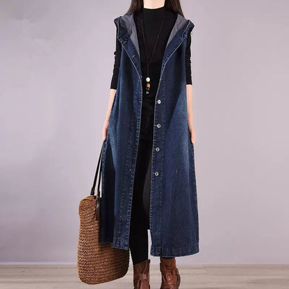Long Oversized Loose Denim Sleeveless Hooded Vest