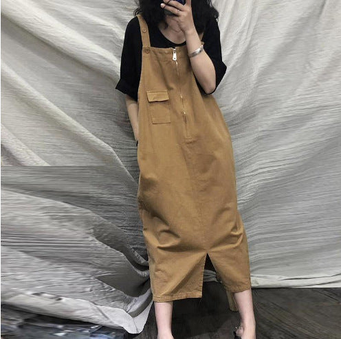 Retro Loose Mid Length Suspender Dress