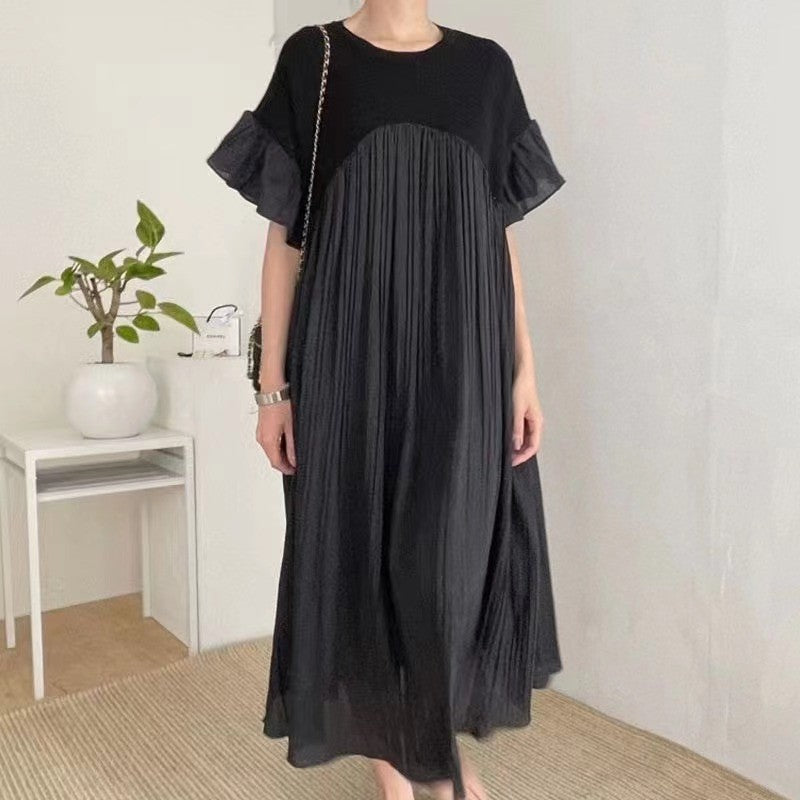 Patchwork pleated flying sleeves long dress