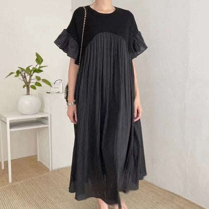 Patchwork pleated flying sleeves long dress