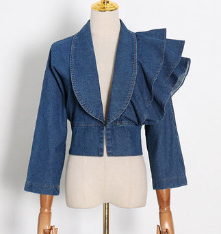 Ruffled Deep V-neck Denim Shirt Top