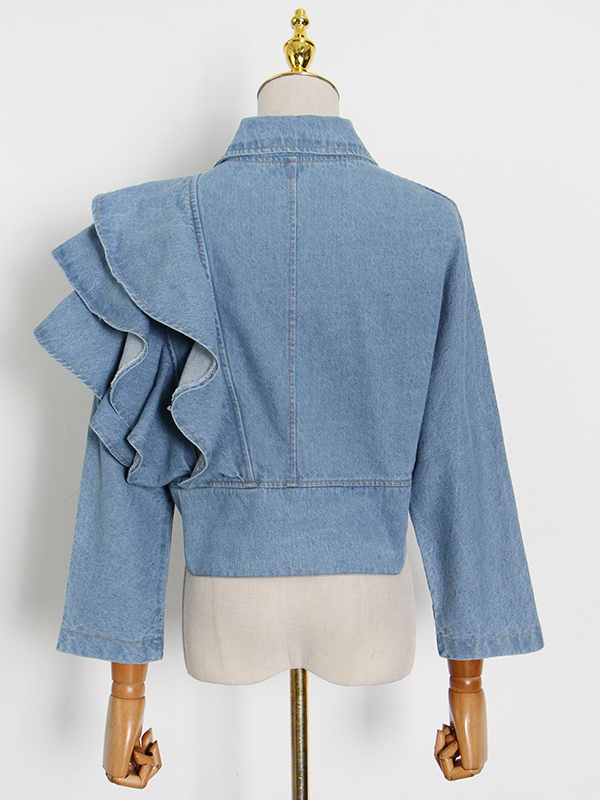 Ruffled Deep V-neck Denim Shirt Top