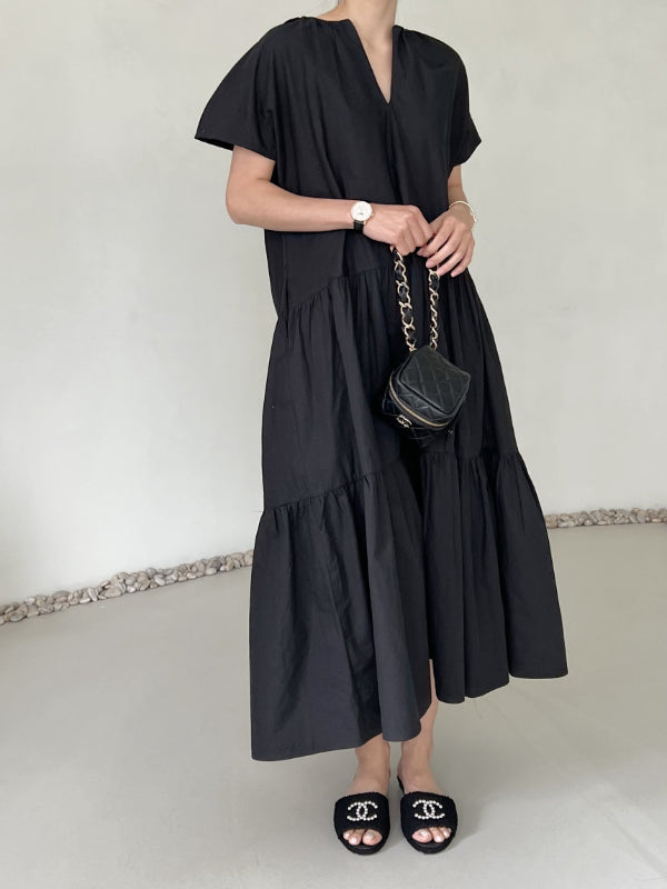 Fashionable niche design V-neck loose pleated cake skirt dress