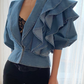 Ruffled Deep V-neck Denim Shirt Top