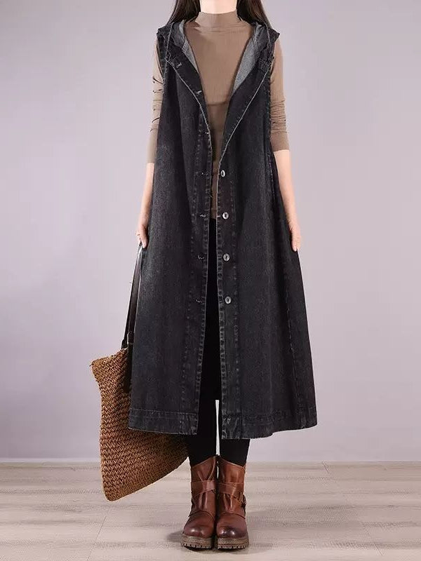 Long Oversized Loose Denim Sleeveless Hooded Vest