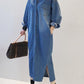 Long Slit Oversized Denim Shirt Dress