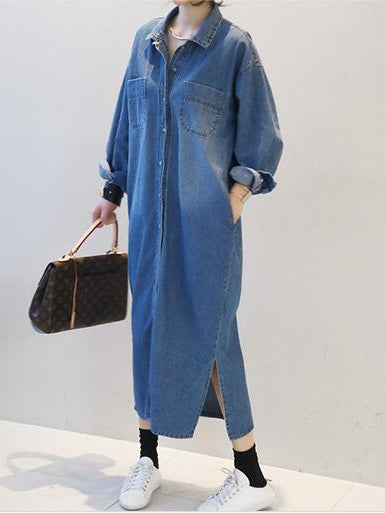 Long Slit Oversized Denim Shirt Dress