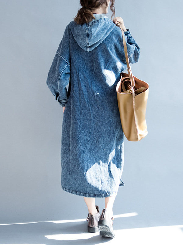 Fashionable Slit hooded long sleeve denim dress