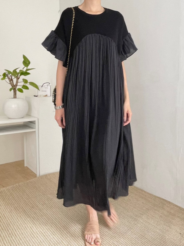 Patchwork pleated flying sleeves long dress