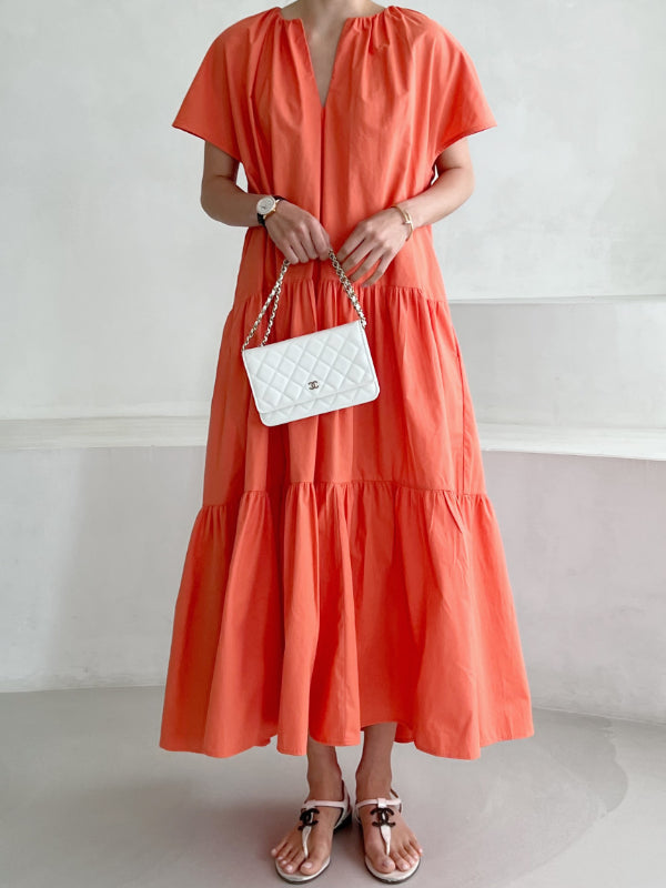 Fashionable niche design V-neck loose pleated cake skirt dress