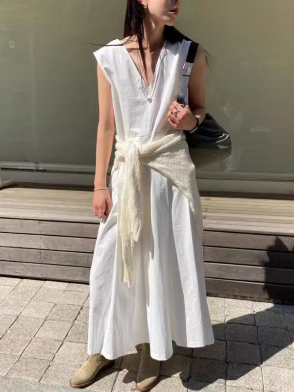 Retro large V-neck pleated design loose and versatile niche sleeveless dress