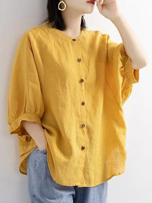 Retro Cotton Linen Lantern Sleeve Top Shirt