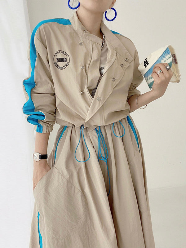 Personalized Print Color Contrast Short Coat + High Waist Pocket Large Swing Skirt Suit