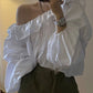 Fashion Slanted Shoulder Design Puff Sleeve Top