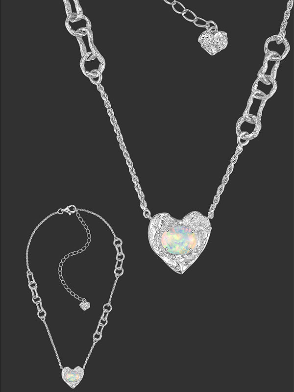 Heart Shape Synthetic Opal Necklace Stud Earrings Ring Ear Clip