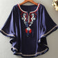 Loose Cape Dolman Sleeve Vintage Embroidered Floral Shirt Top
