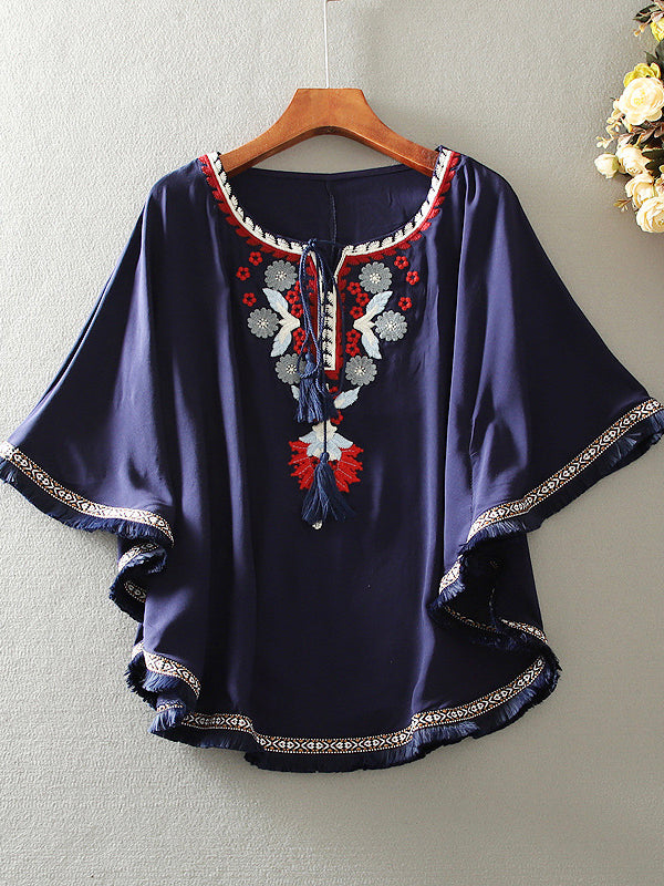 Loose Cape Dolman Sleeve Vintage Embroidered Floral Shirt Top