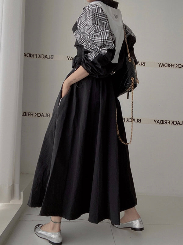 Stand Collar Color Contrast Stitching Patch Short Coat + High Waist Long Skirt Suit