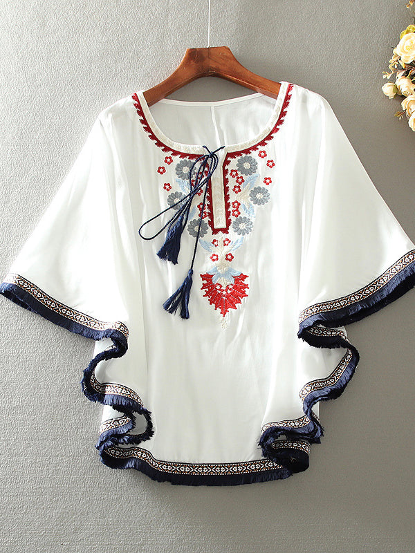 Loose Cape Dolman Sleeve Vintage Embroidered Floral Shirt Top