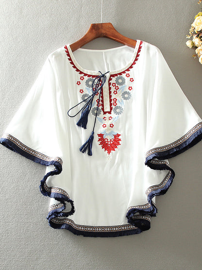 Loose Cape Dolman Sleeve Vintage Embroidered Floral Shirt Top