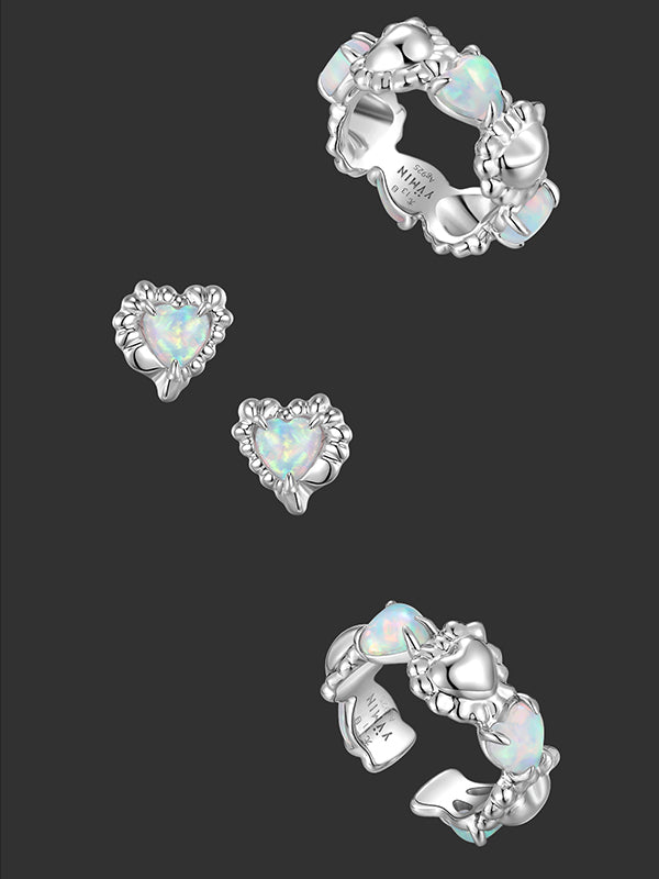 Heart Shape Synthetic Opal Necklace Stud Earrings Ring Ear Clip