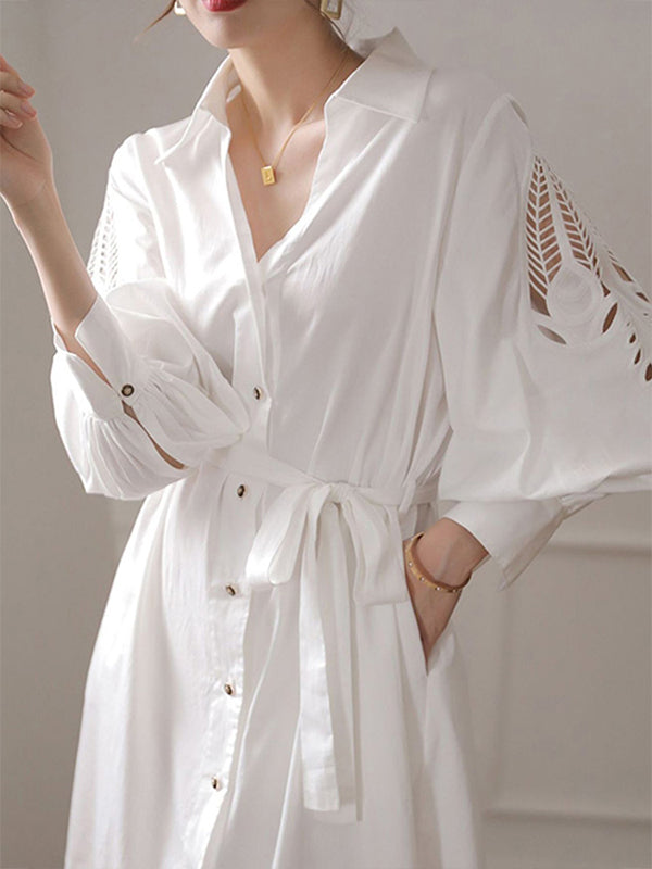 White Urban Tie Puff Sleeve V-Neck Shirt Dress