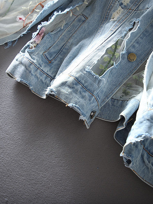 Retro Loose Hollow Hole Embroidered Denim Jacket
