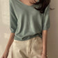 Fashion Loose Solid Color V-neck Half Sleeve Sweater Top