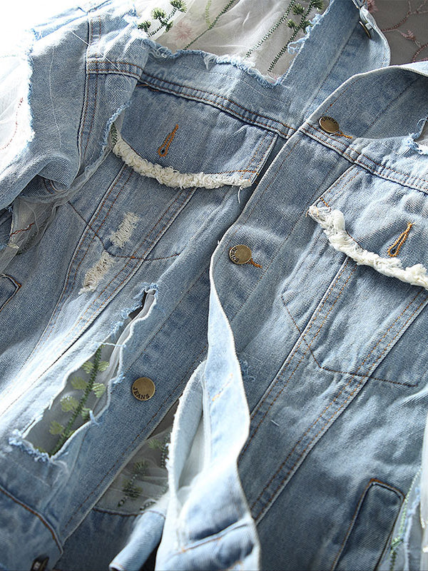 Retro Loose Hollow Hole Embroidered Denim Jacket