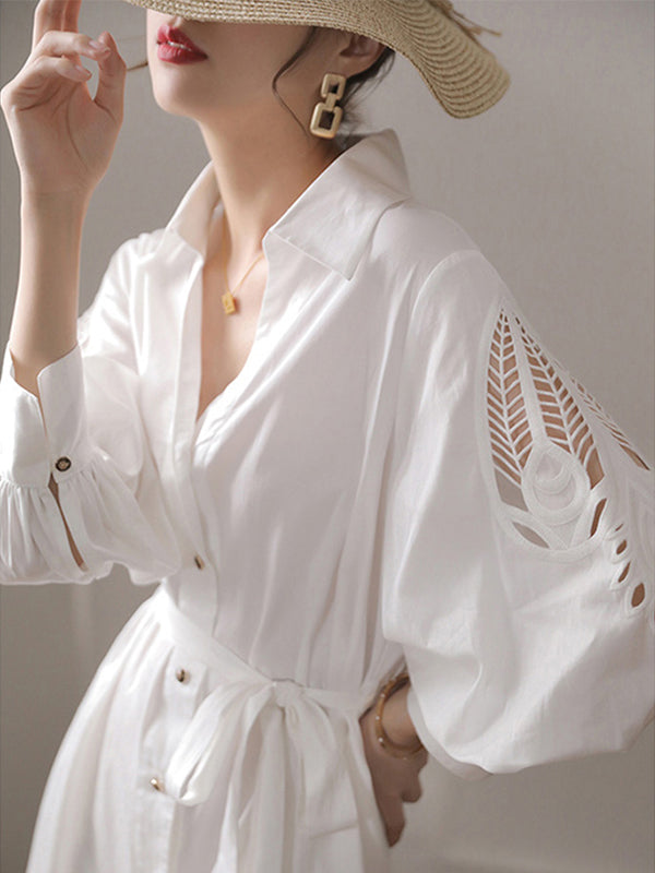 White Urban Tie Puff Sleeve V-Neck Shirt Dress