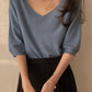 Fashion Loose Solid Color V-neck Half Sleeve Sweater Top