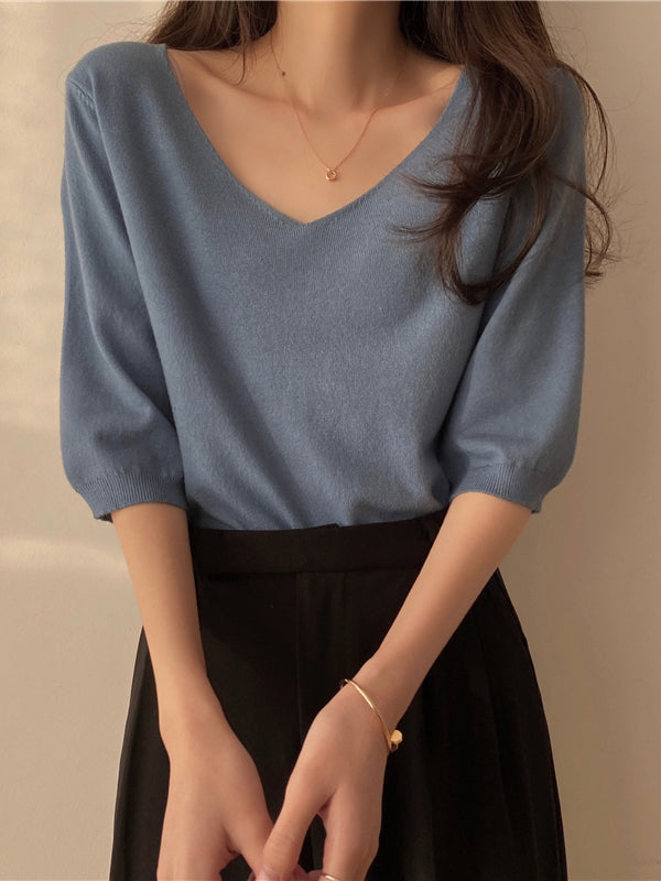 Fashion Loose Solid Color V-neck Half Sleeve Sweater Top