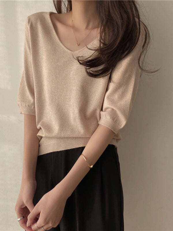 Fashion Loose Solid Color V-neck Half Sleeve Sweater Top