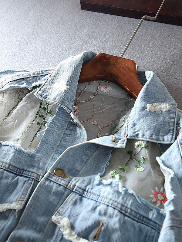 Retro Loose Hollow Hole Embroidered Denim Jacket