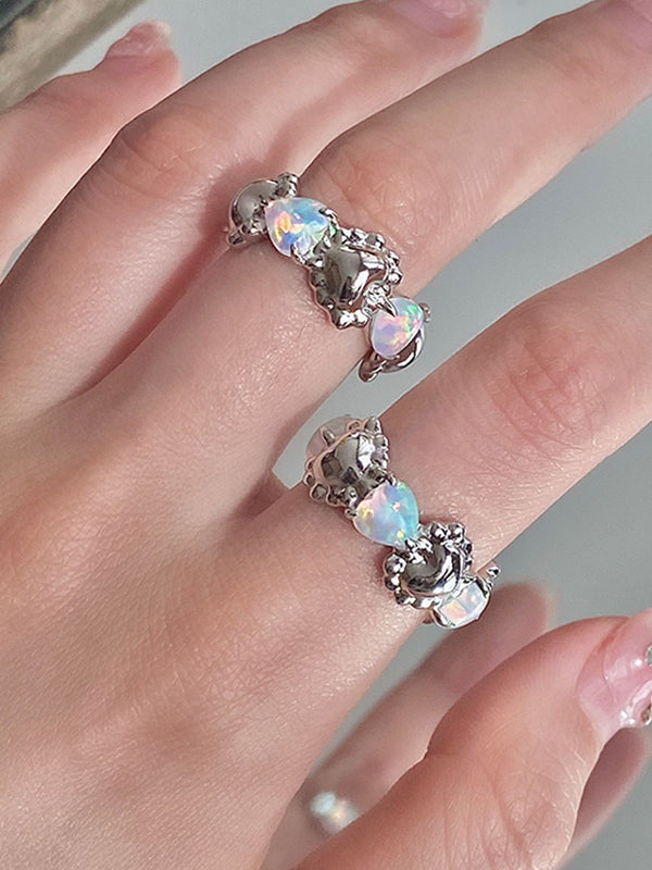 Heart Shape Synthetic Opal Necklace Stud Earrings Ring Ear Clip