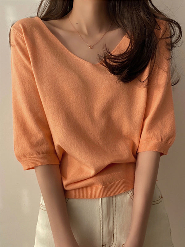 Fashion Loose Solid Color V-neck Half Sleeve Sweater Top