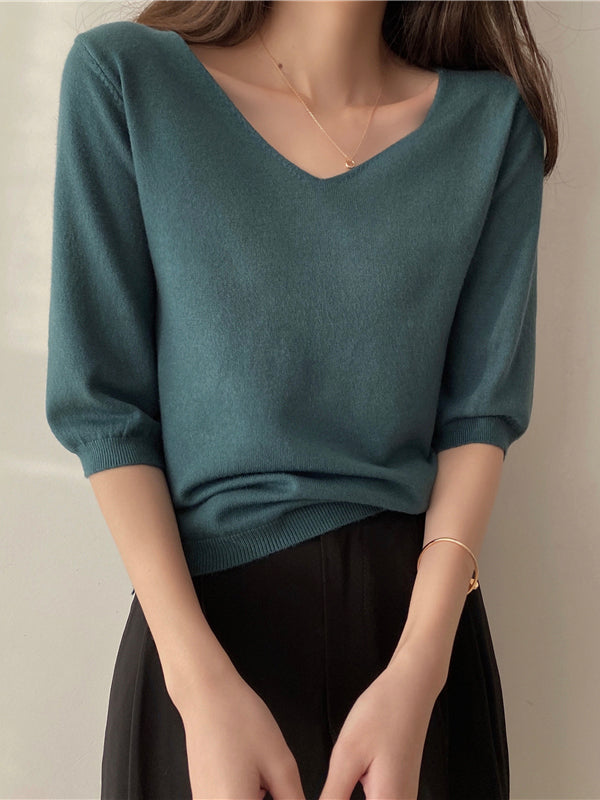 Fashion Loose Solid Color V-neck Half Sleeve Sweater Top