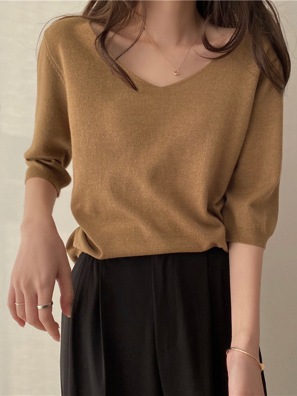 Fashion Loose Solid Color V-neck Half Sleeve Sweater Top