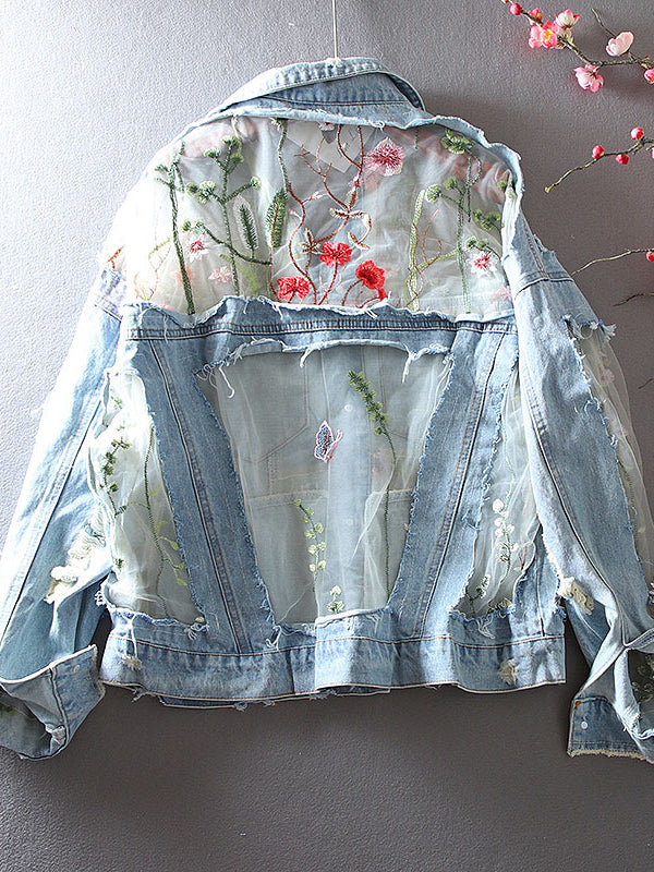 Retro Loose Hollow Hole Embroidered Denim Jacket