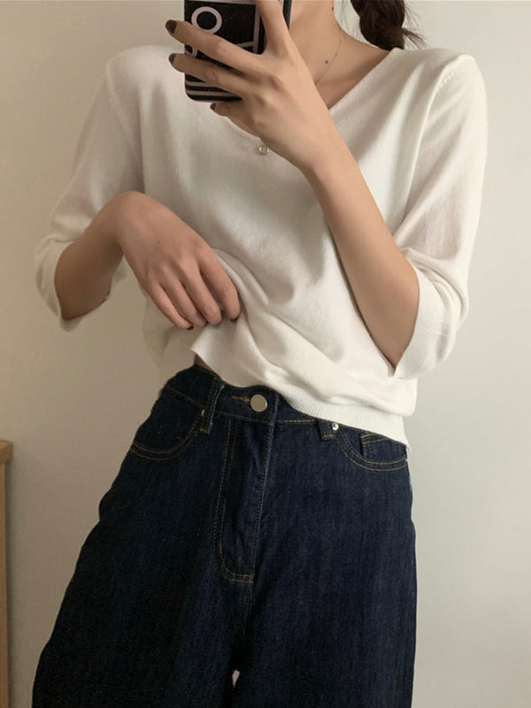 Fashion Loose Solid Color V-neck Half Sleeve Sweater Top
