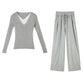 Contrasting Color Stitching Knitted Top&Casual Plush Straight Wide-leg Pants Two-piece Set