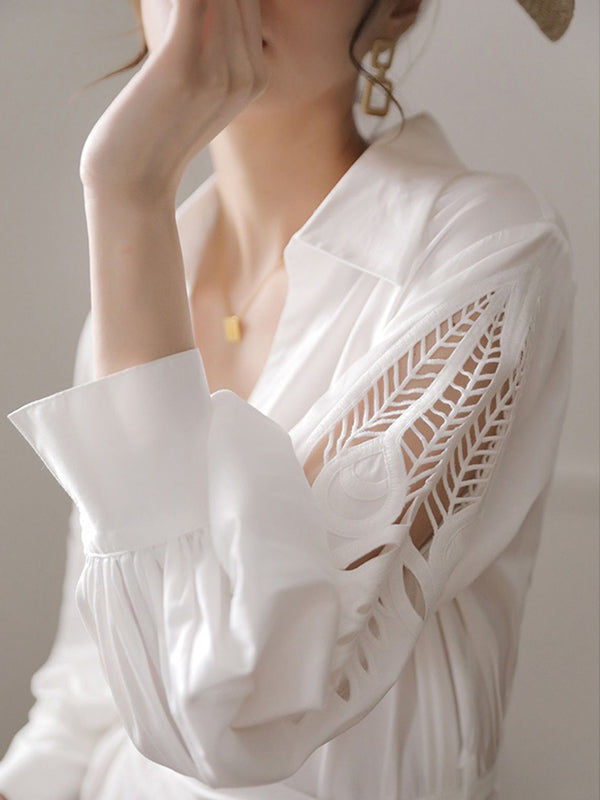 White Urban Tie Puff Sleeve V-Neck Shirt Dress