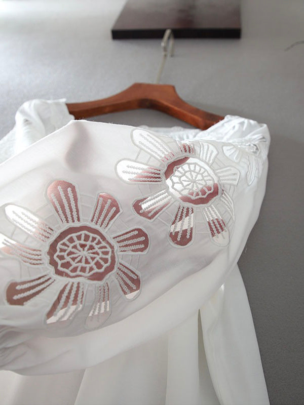 Embroidered Hollow Ruffle Loose Balloon Sleeve Shirt Blouse