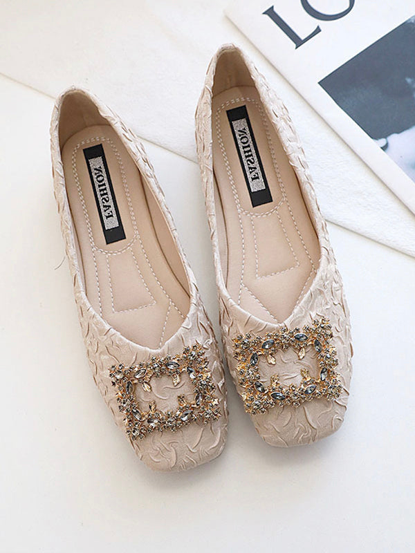 Solid Color Flat Square Buckle Pleated Low Heels Shoes