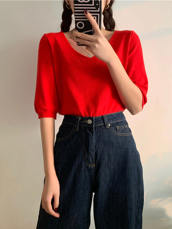 Fashion Loose Solid Color V-neck Half Sleeve Sweater Top