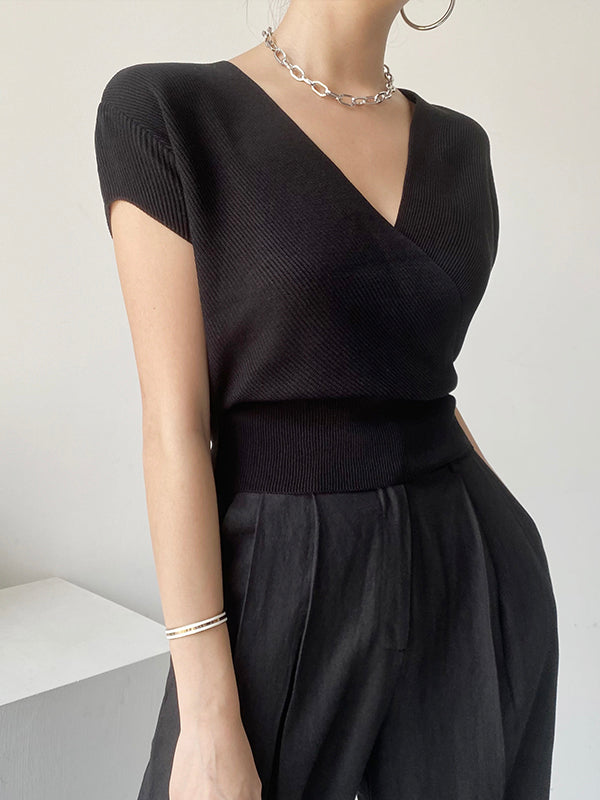 Simple Cotton V-neck Knitted Half-sleeved Top
