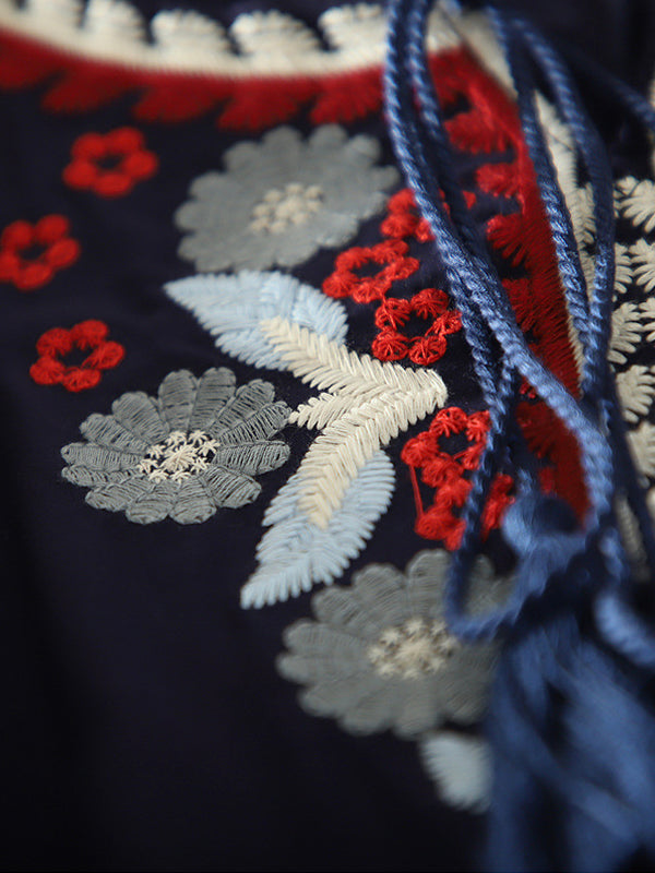 Loose Cape Dolman Sleeve Vintage Embroidered Floral Shirt Top