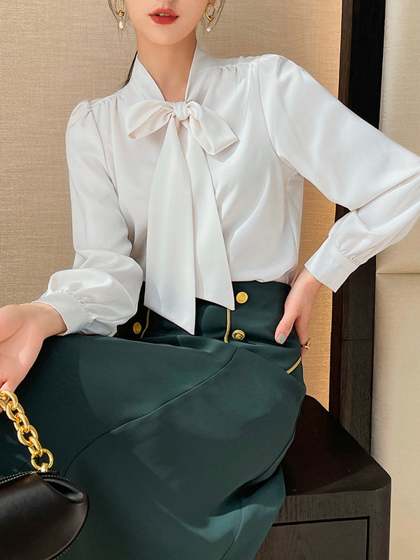 Bow Ribbon Long Sleeve Satin Shirt Top