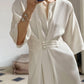 Fashion White Waist Half Sleeve V-Neck Dress